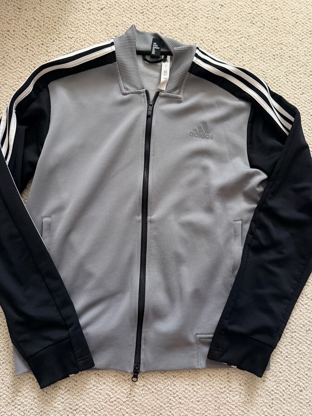 Adidas Bomber Track Jacket Mens Large Gray Black 3 Stripe Mesh Sleeve Full Zip